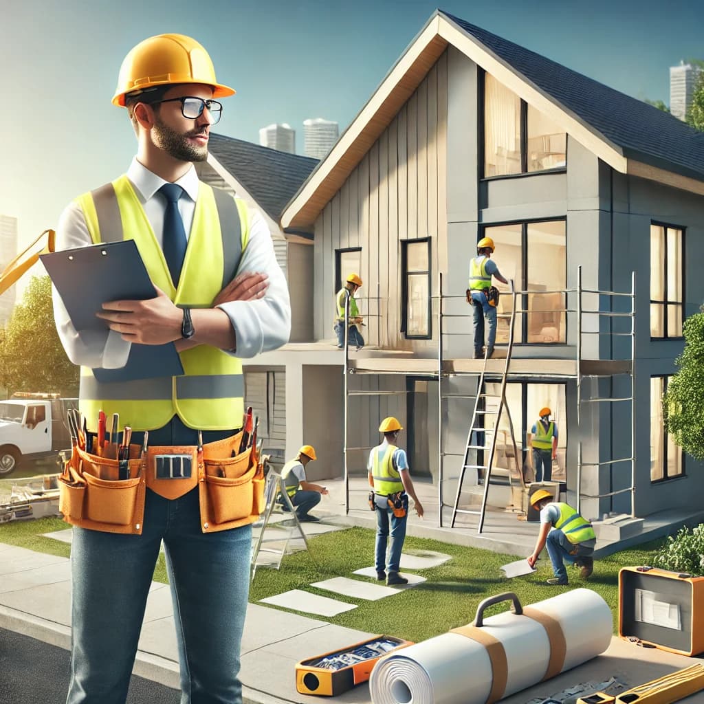 Professional residential contractor overseeing a modern home construction project, featuring a team of workers installing scaffolding, using tools, and ensuring high-quality standards. The scene emphasizes safety, precision, and Vreeland Roofing's expertise in home renovations and improvements.