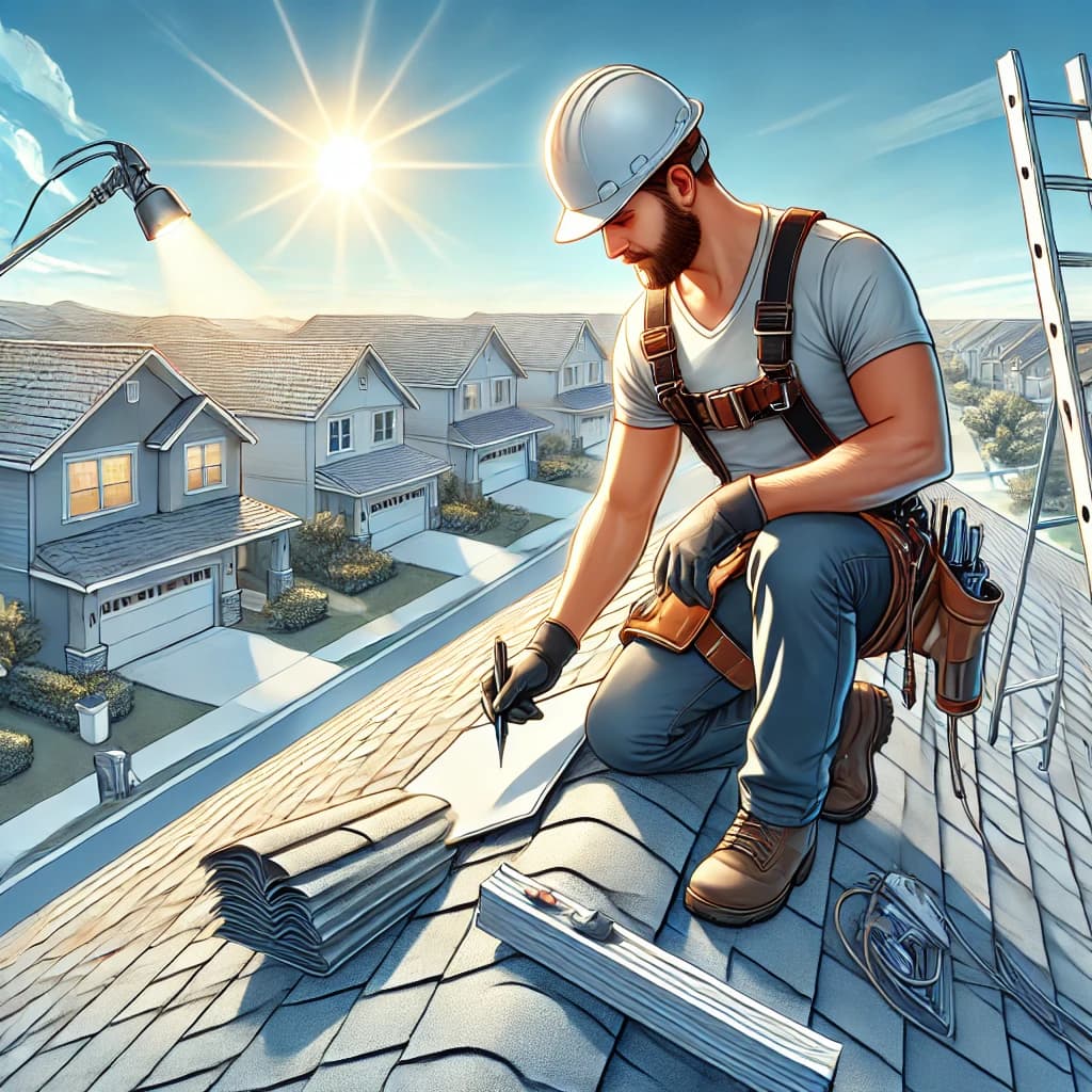 Professional roofing contractor working on a residential rooftop in Florida, demonstrating high-quality craftsmanship and safety standards. The scene showcases tools, materials, and a clean suburban neighborhood in the background, emphasizing Vreeland Roofing's expertise in construction, repairs, and maintenance.