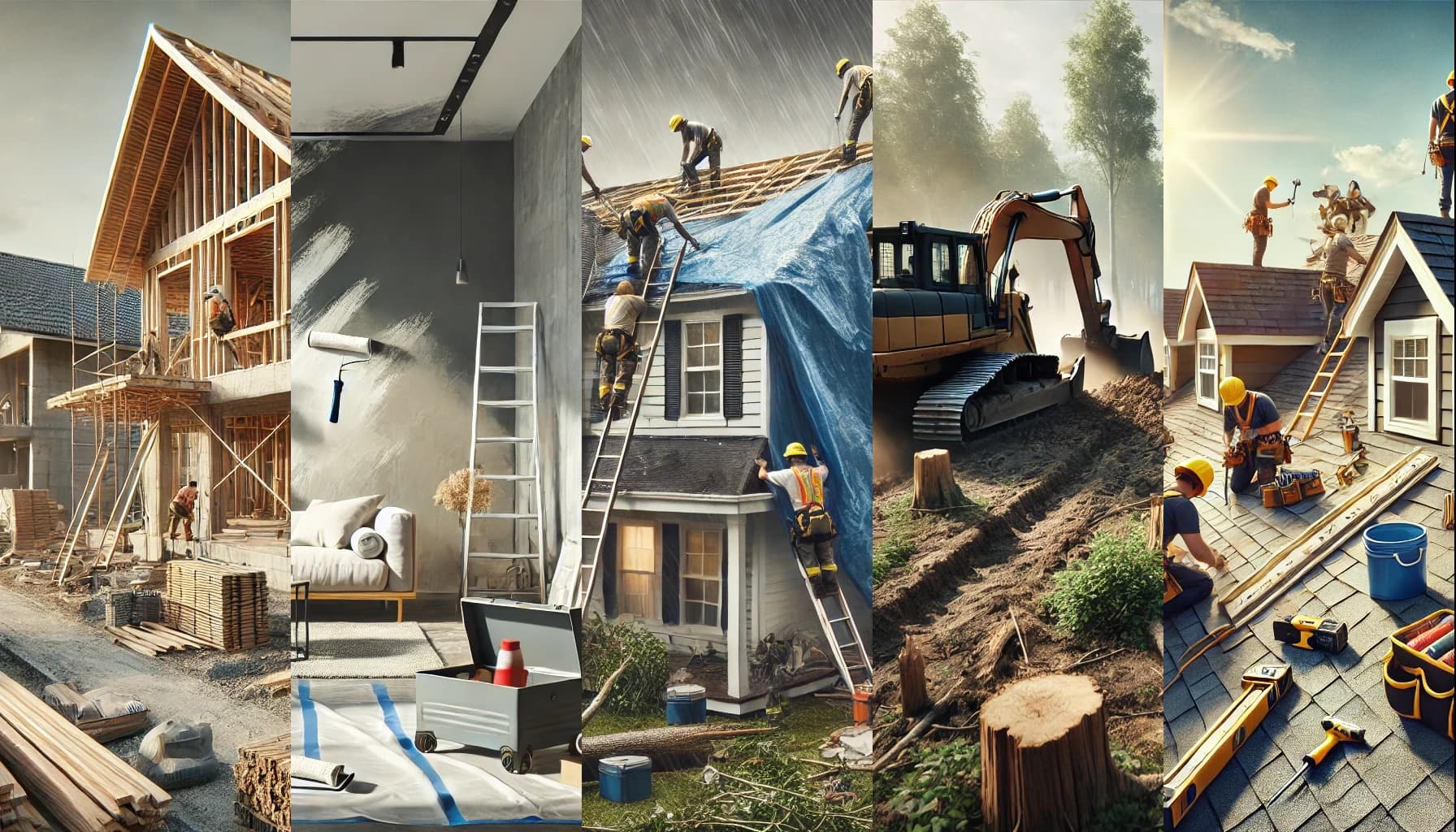 Collage of images representing the services offered by Vreeland Construction. On the left, a wooden house under construction with workers on-site; next, an interior renovation with painting equipment and a ladder leaning against the wall; in the center, a team responding to an emergency by covering a roof with a blue tarp during a storm; to the right, an excavator clearing land with cut-down trees; and in the final image, a team repairing a house roof with tools and materials neatly organized.