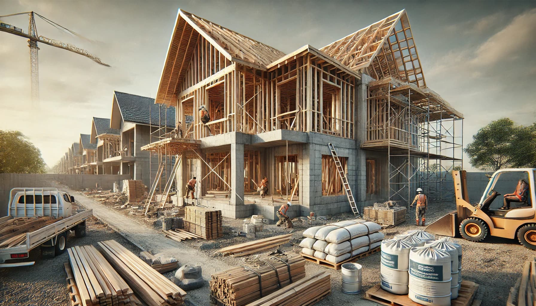 Vreeland Roofing team working on the construction of modern residential homes in a new neighborhood. The scene shows workers assembling wooden frames, scaffolding, and concrete structures, with construction materials like timber, cement bags, and pallets neatly arranged on-site. A forklift and a flatbed truck are also present, showcasing a well-coordinated construction process under a clear sky.