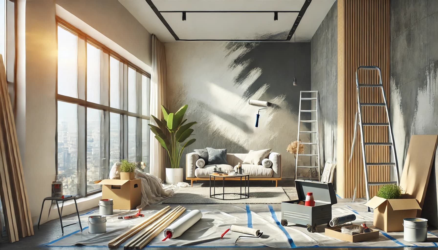 Modern living room undergoing renovation by Vreeland Roofing, showcasing tools and materials for painting and remodeling. The scene includes paint rollers, ladders, wooden planks, buckets, and a toolbox arranged around a partially painted wall. Natural light streams through large windows, illuminating a sofa and coffee table, blending construction with a stylish interior design concept.