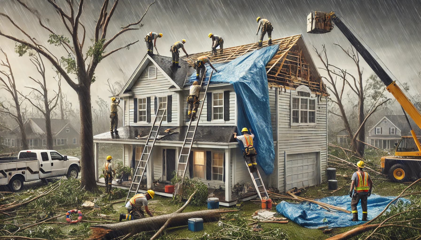 Vreeland Roofing team providing emergency roof repair and restoration services after a hurricane. Workers are securing tarps on a damaged house, using ladders, a crane, and various tools amidst heavy rain and fallen trees. The scene highlights the team’s commitment to rapid response and safety during disaster recovery efforts in a suburban neighborhood.