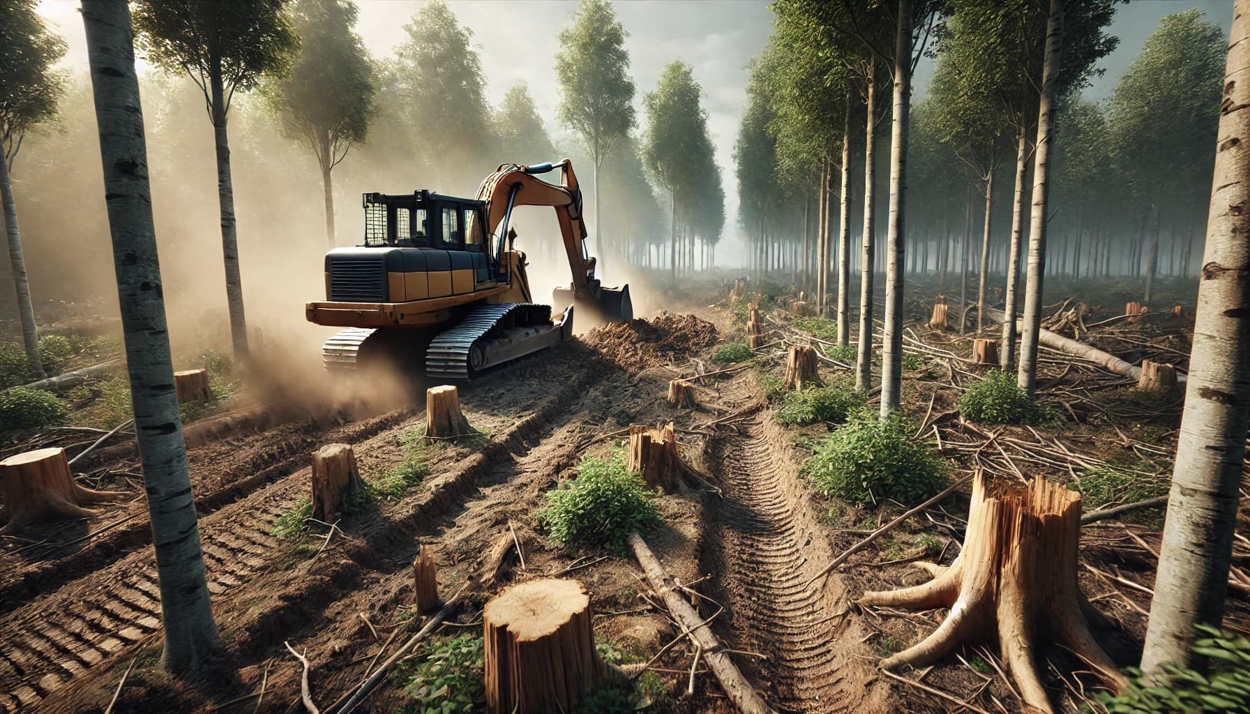 Excavator performing land clearing in a dense forest, removing tree stumps and leveling the ground for future development. The scene shows fresh tire tracks, felled trees, and dust in the air, emphasizing the machinery's efficiency in preparing the land. The sunlight filters through the remaining trees, highlighting the scale of the operation.