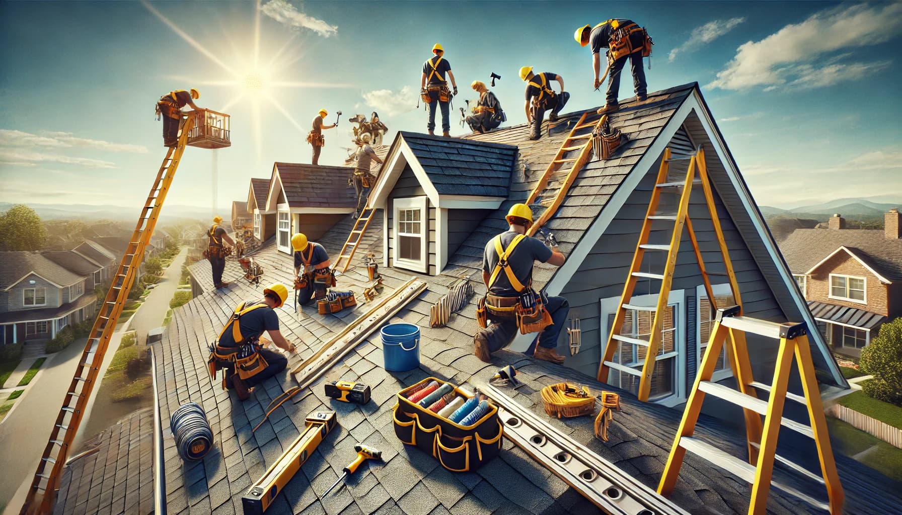 Vreeland Roofing team working on multiple residential roofs in a suburban neighborhood. Workers are using tools and equipment such as ladders, scaffolding, toolboxes, and construction materials to perform roof repairs and improvements. The sunny sky highlights the team's dedication and focus on delivering high-quality roofing services.