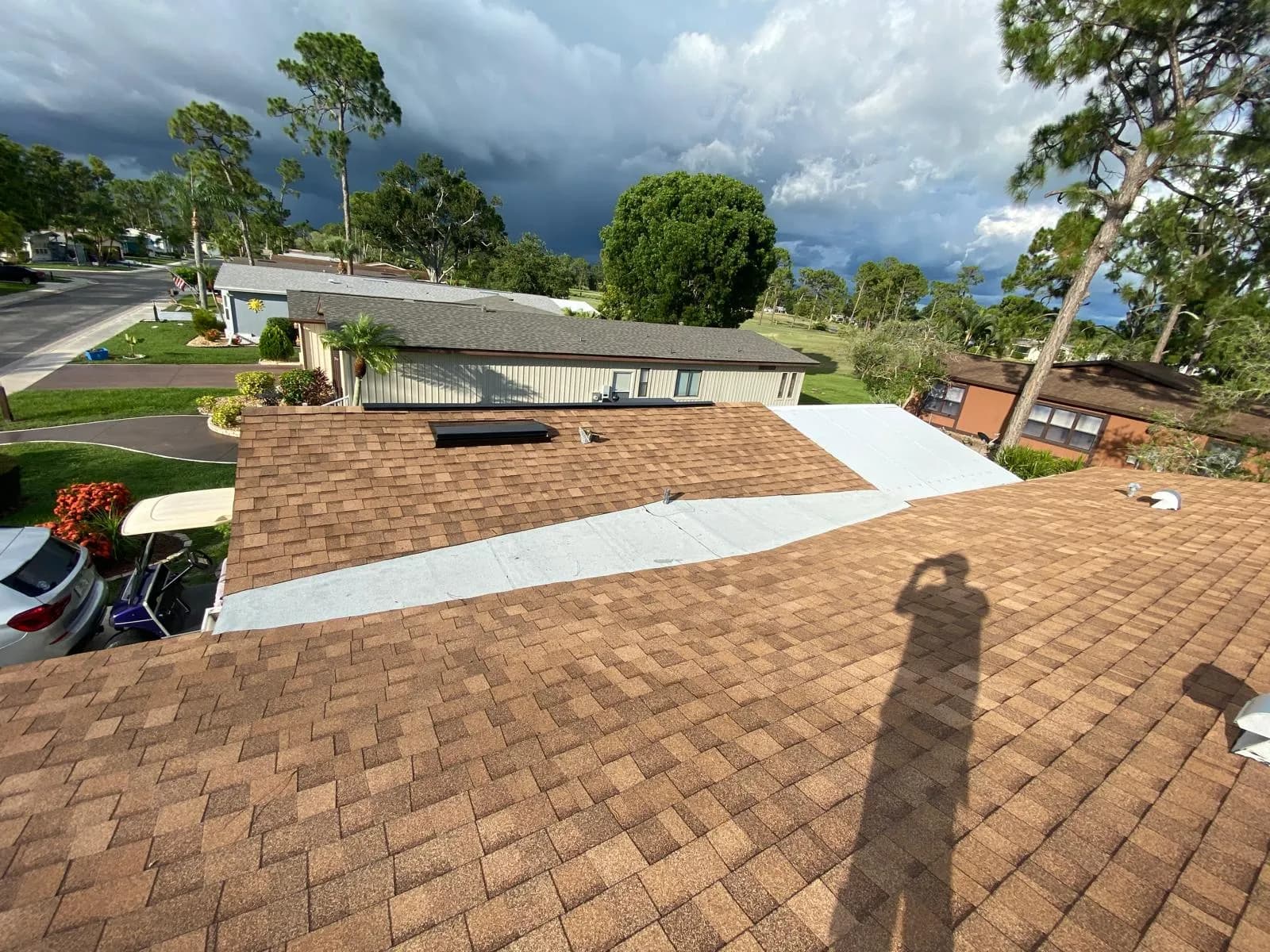 Vreeland roofing service, type shingle color Rustic Cedar.